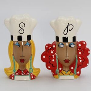 Fine Ceramic Dollymamas African American Black Fashion Chef Lady Salt & Pepper Shakers Set, 4-3/8" H