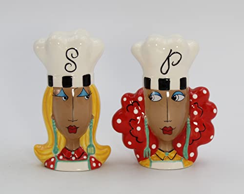 Fine Ceramic Dollymamas African American Black Fashion Chef Lady Salt & Pepper Shakers Set, 4-3/8" H