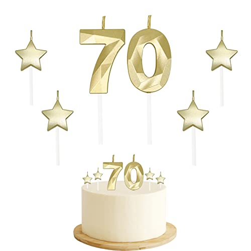 70th Birthday Candles for Cake - Number 70 & 7 & 0 Birthday Candles and Glitter Star Birthday Candles 2 Inch 3D Diamond Shape Number Candles for Birthday Party Anniversary Kids Adults(Gold)