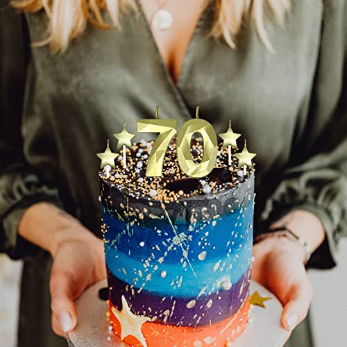 70th Birthday Candles for Cake - Number 70 & 7 & 0 Birthday Candles and Glitter Star Birthday Candles 2 Inch 3D Diamond Shape Number Candles for Birthday Party Anniversary Kids Adults(Gold)