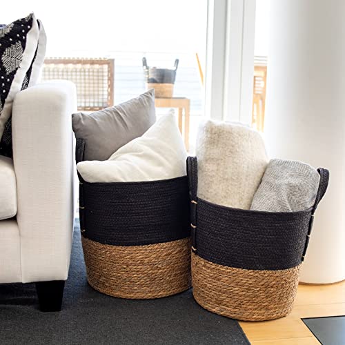 EMIGI Set of 2 Natural Round Storage Basket, Braided Seagrass & Paper Rope (XL+LG), Natural & Black