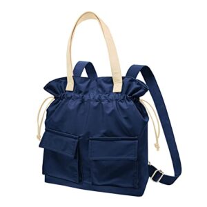 women nylon backpack for convertible backpack,large handbags and ladies fashion nylon bookbag travel bag (dark blue beige)