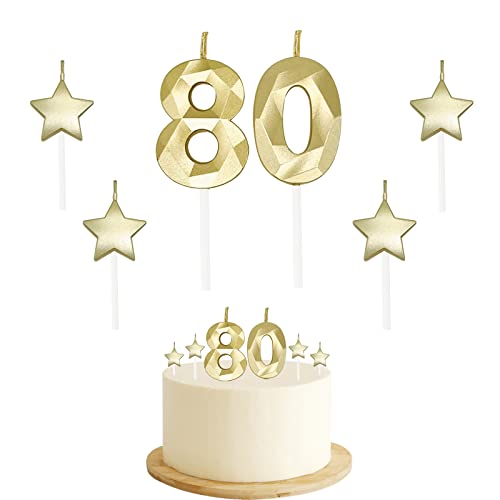 80th Birthday Candles for Cake - Number 80 & 8 & 0 Birthday Candles and Glitter Star Birthday Candles 2 Inch 3D Diamond Shape Number Candles for Birthday Party Anniversary Kids Adults(Gold)