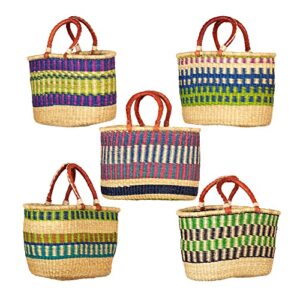 handmade in ghana basket, 16″ – 17” across bolgatanga large oval multi-colored african market basket home décor basket, two leather wrapped handle storage multi-purpose basket