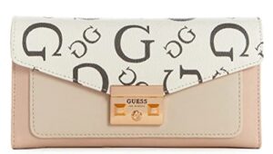 guess women’s marlo logo print front pocket trifold wallet clutch bag – cement