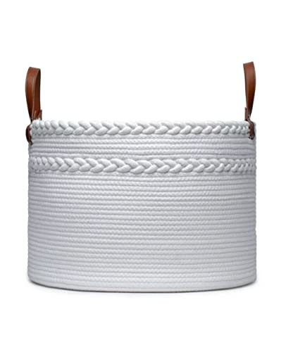 Rhen Studio - Large White Woven Storage Basket - Dual Braided - Leather Handles - 21" x 21" x13" (Cotton, White)