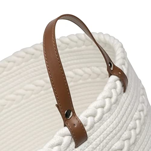 Rhen Studio - Large White Woven Storage Basket - Dual Braided - Leather Handles - 21" x 21" x13" (Cotton, White)