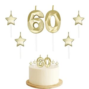 60th birthday candles for cake – number 60 & 6 & 0 birthday candles and glitter star birthday candles 2 inch 3d diamond shape number candles for birthday party anniversary kids adults(gold)