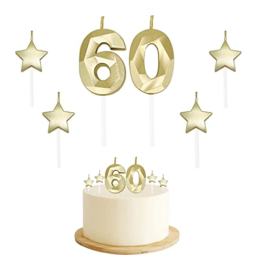 60th Birthday Candles for Cake - Number 60 & 6 & 0 Birthday Candles and Glitter Star Birthday Candles 2 Inch 3D Diamond Shape Number Candles for Birthday Party Anniversary Kids Adults(Gold)