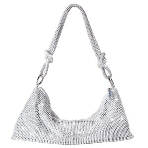 rhinestones shoulder bag for women, rhinestones hobo bag, luxury sparkly crystal diamond silver clutch purses for party club wedding
