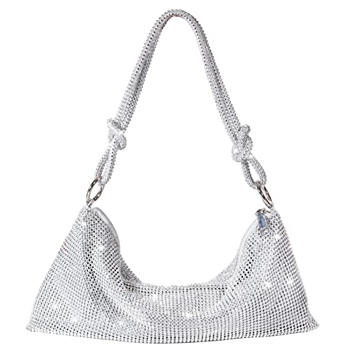 Rhinestones shoulder bag for Women, Rhinestones Hobo Bag, Luxury Sparkly Crystal Diamond Silver Clutch Purses for Party Club Wedding