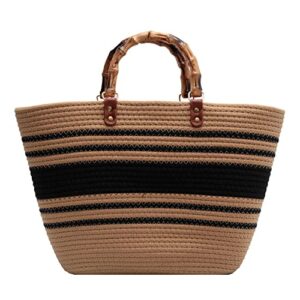 geteruuv beach tote bag large woven bag handbag women’s woven cotton rope tote bag top bamboo handle summer beach tote