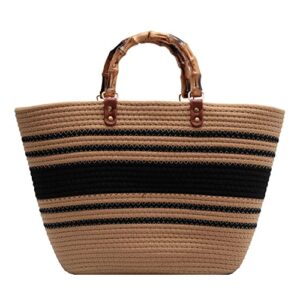 GETERUUV Beach Tote Bag Large Woven Bag Handbag Women's Woven Cotton Rope Tote Bag Top Bamboo Handle Summer Beach Tote