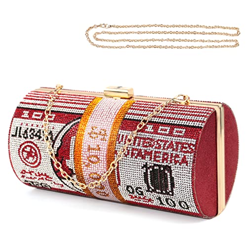 LADIHAB Money Roll Purse Bling Diamond Purse for Women Sparkly Purse Dollar Clutch Purse Red Rhinestones Evening Clutch for Party