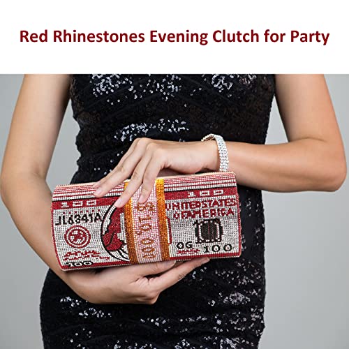 LADIHAB Money Roll Purse Bling Diamond Purse for Women Sparkly Purse Dollar Clutch Purse Red Rhinestones Evening Clutch for Party