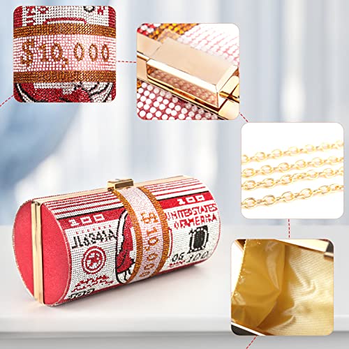 LADIHAB Money Roll Purse Bling Diamond Purse for Women Sparkly Purse Dollar Clutch Purse Red Rhinestones Evening Clutch for Party