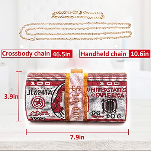 LADIHAB Money Roll Purse Bling Diamond Purse for Women Sparkly Purse Dollar Clutch Purse Red Rhinestones Evening Clutch for Party