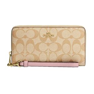 coach women’s long zip around wallet (signature canvas, light khaki – powder pink)