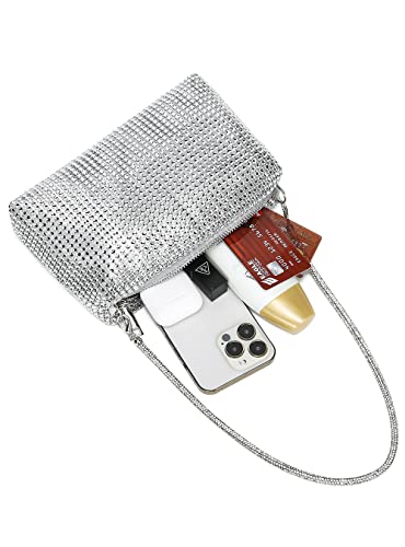 YIKOEE Crystal Rhinestone Clutch Purses for Women Evening Bag with Chain (Silver)