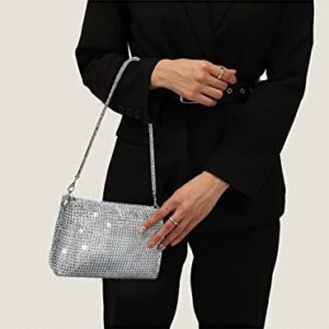 YIKOEE Crystal Rhinestone Clutch Purses for Women Evening Bag with Chain (Silver)