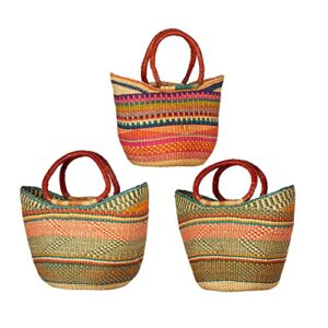 handmade in ghana basket, 15″ – 17” across bolgatanga u- shaped multi-colored african market basket home décor basket, two leather wrapped handle storage multi-purpose basket (large 18″-20″)