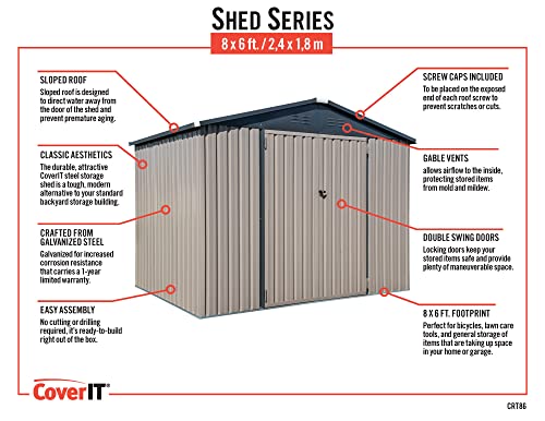 Cover-It 8x6 Metal Outdoor Galvanized Steel Storage Shed with Swinging Double Lockable Doors for Backyard or Patio Storage of Bikes, Grills, Supplies, Tools, Toys, for Lawn, Garden, and Camping, Tan