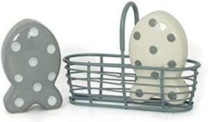 white and grey ceramic fish shaped salt & pepper shaker set in wire holder