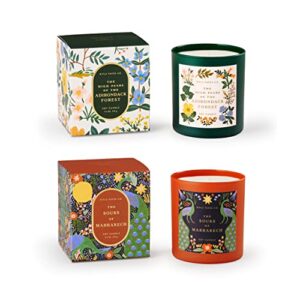 rifle paper co. candle set for festive occasions and gatherings with decorative box and festive labels on soy candle base, 40+ hour burn time, the souks of marrakech and high peaks of the adirondack