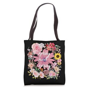 bright spring flowers on black fashion tote bag