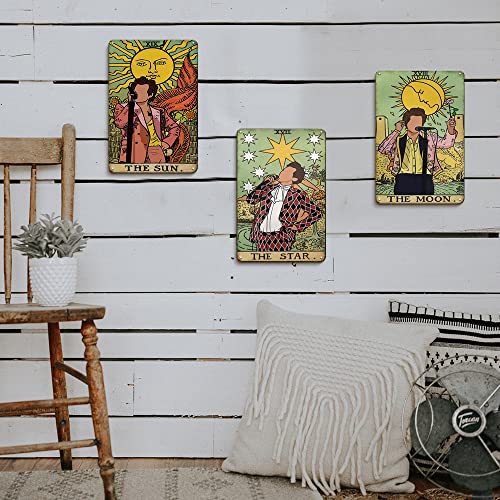 Vintage Harry Styles Poster Metal Sign, 3 Piece The Orange Sun Moon Star Harry Styles Tarot Card Poster Wall Art Print Painting, Retro Boho Hippie Indie Tin Sign Home Wall Decor for Bedroom Living room