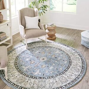 Rugs.com Eco Traditional Collection Rug – 7 Ft Round Harbor Blue Medium Rug Perfect for Kitchens, Dining Rooms