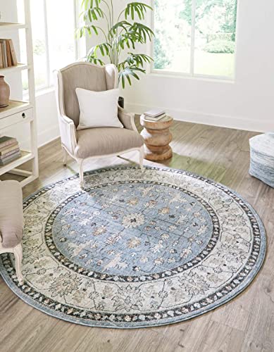 Rugs.com Eco Traditional Collection Rug – 7 Ft Round Harbor Blue Medium Rug Perfect for Kitchens, Dining Rooms