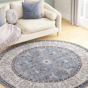 Rugs.com Eco Traditional Collection Rug – 7 Ft Round Harbor Blue Medium Rug Perfect for Kitchens, Dining Rooms