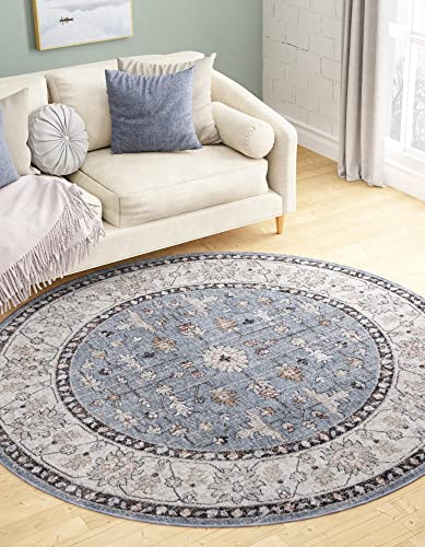 Rugs.com Eco Traditional Collection Rug – 7 Ft Round Harbor Blue Medium Rug Perfect for Kitchens, Dining Rooms