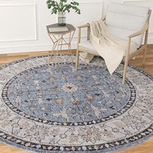 Rugs.com Eco Traditional Collection Rug – 7 Ft Round Harbor Blue Medium Rug Perfect for Kitchens, Dining Rooms