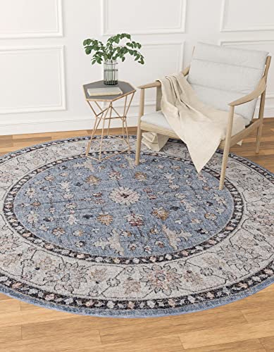 Rugs.com Eco Traditional Collection Rug – 7 Ft Round Harbor Blue Medium Rug Perfect for Kitchens, Dining Rooms