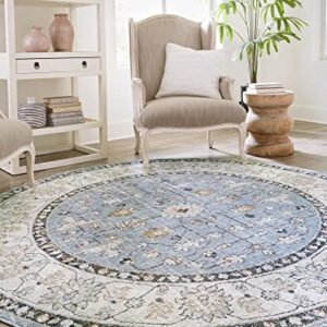 Rugs.com Eco Traditional Collection Rug – 7 Ft Round Harbor Blue Medium Rug Perfect for Kitchens, Dining Rooms