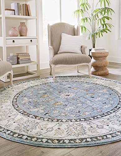 Rugs.com Eco Traditional Collection Rug – 7 Ft Round Harbor Blue Medium Rug Perfect for Kitchens, Dining Rooms