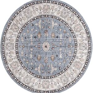 Rugs.com Eco Traditional Collection Rug – 7 Ft Round Harbor Blue Medium Rug Perfect for Kitchens, Dining Rooms