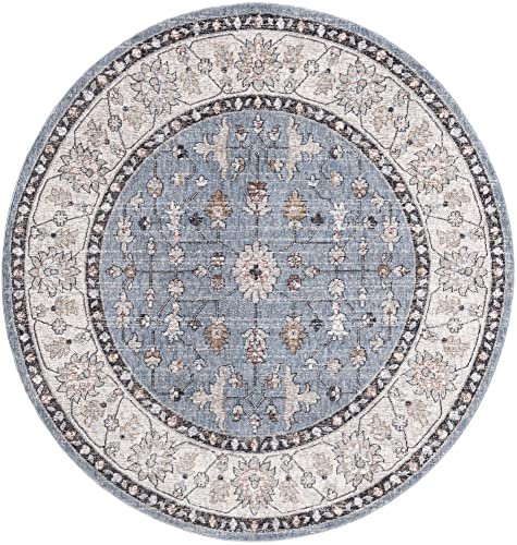 Rugs.com Eco Traditional Collection Rug – 7 Ft Round Harbor Blue Medium Rug Perfect for Kitchens, Dining Rooms