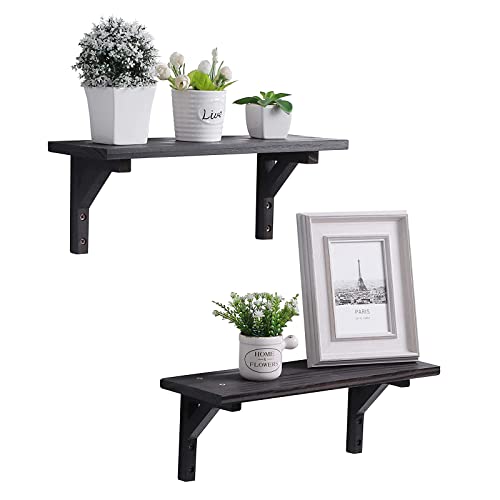 YCOCO Rustic Wood Floating Shelves for Wall,Farmhouse Wooden Wall Shelf for Bathroom Bedroom Kitchen Living Room,Black Set of 2