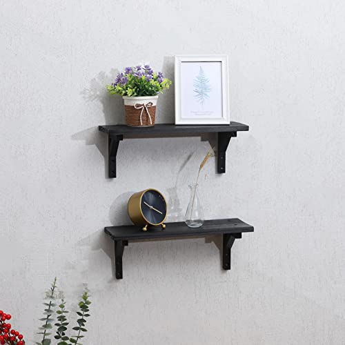 YCOCO Rustic Wood Floating Shelves for Wall,Farmhouse Wooden Wall Shelf for Bathroom Bedroom Kitchen Living Room,Black Set of 2