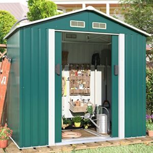jaxpety 4.2′ x 7′ storage outdoor shed, metal shed outdoor storage with lockable/sliding doors, steel utility tool shed with floor frame for garden patio backyard lawn green
