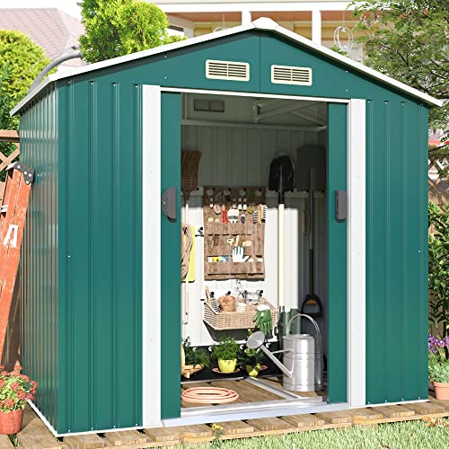 JAXPETY 4.2' x 7' Storage Outdoor Shed, Metal Shed Outdoor Storage with Lockable/Sliding Doors, Steel Utility Tool Shed with Floor Frame for Garden Patio Backyard Lawn Green