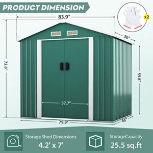 JAXPETY 4.2' x 7' Storage Outdoor Shed, Metal Shed Outdoor Storage with Lockable/Sliding Doors, Steel Utility Tool Shed with Floor Frame for Garden Patio Backyard Lawn Green