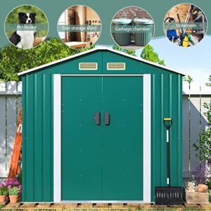 JAXPETY 4.2' x 7' Storage Outdoor Shed, Metal Shed Outdoor Storage with Lockable/Sliding Doors, Steel Utility Tool Shed with Floor Frame for Garden Patio Backyard Lawn Green