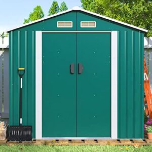 JAXPETY 4.2' x 7' Storage Outdoor Shed, Metal Shed Outdoor Storage with Lockable/Sliding Doors, Steel Utility Tool Shed with Floor Frame for Garden Patio Backyard Lawn Green