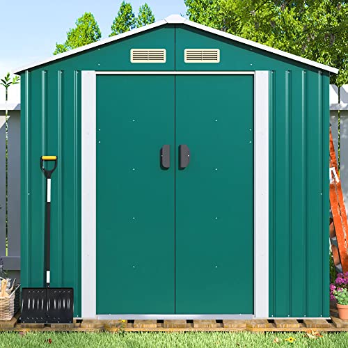 JAXPETY 4.2' x 7' Storage Outdoor Shed, Metal Shed Outdoor Storage with Lockable/Sliding Doors, Steel Utility Tool Shed with Floor Frame for Garden Patio Backyard Lawn Green