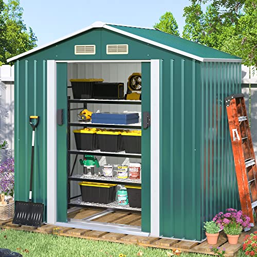 JAXPETY 4.2' x 7' Storage Outdoor Shed, Metal Shed Outdoor Storage with Lockable/Sliding Doors, Steel Utility Tool Shed with Floor Frame for Garden Patio Backyard Lawn Green