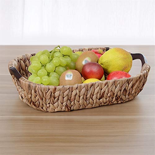 Hand-Woven Multifunctional Wicker Baskets, Decorative Water Hyacinth Baskets with Wooden Handles, Cosmetic Snacks and Candy Storage Baskets ( Size : Medium )